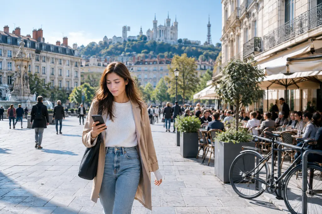 Une passante consulte son téléphone sur une place lyonnaise bordée de commerces.