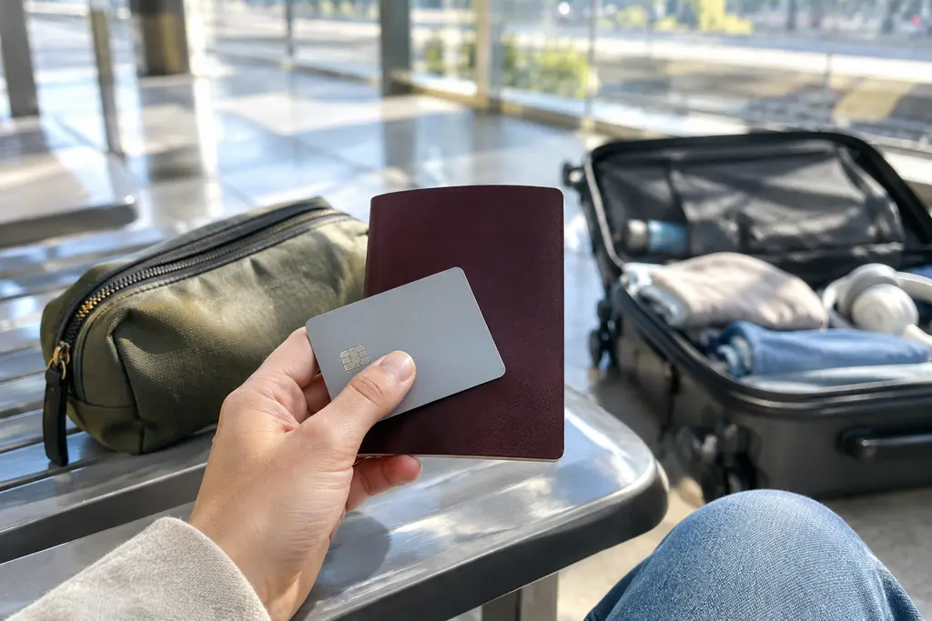 Une main rassemble une carte sans logo, un passeport fermé et une trousse de voyage.