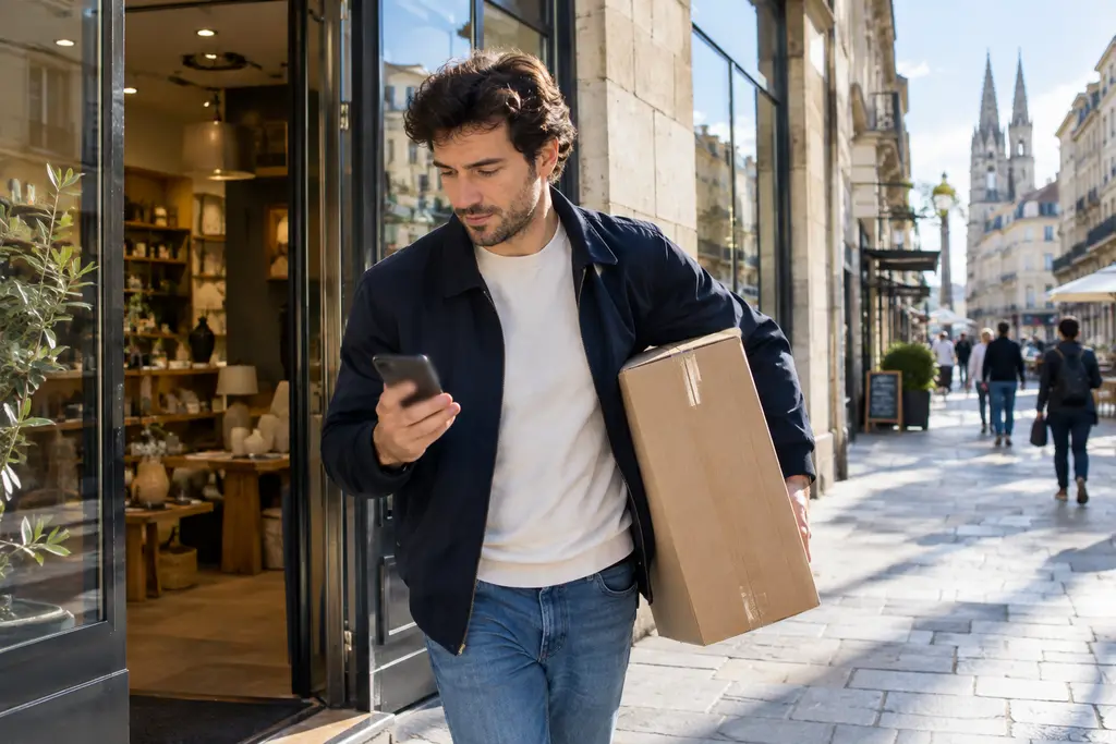Un homme sort d’une boutique bordelaise avec un achat volumineux et son téléphone.