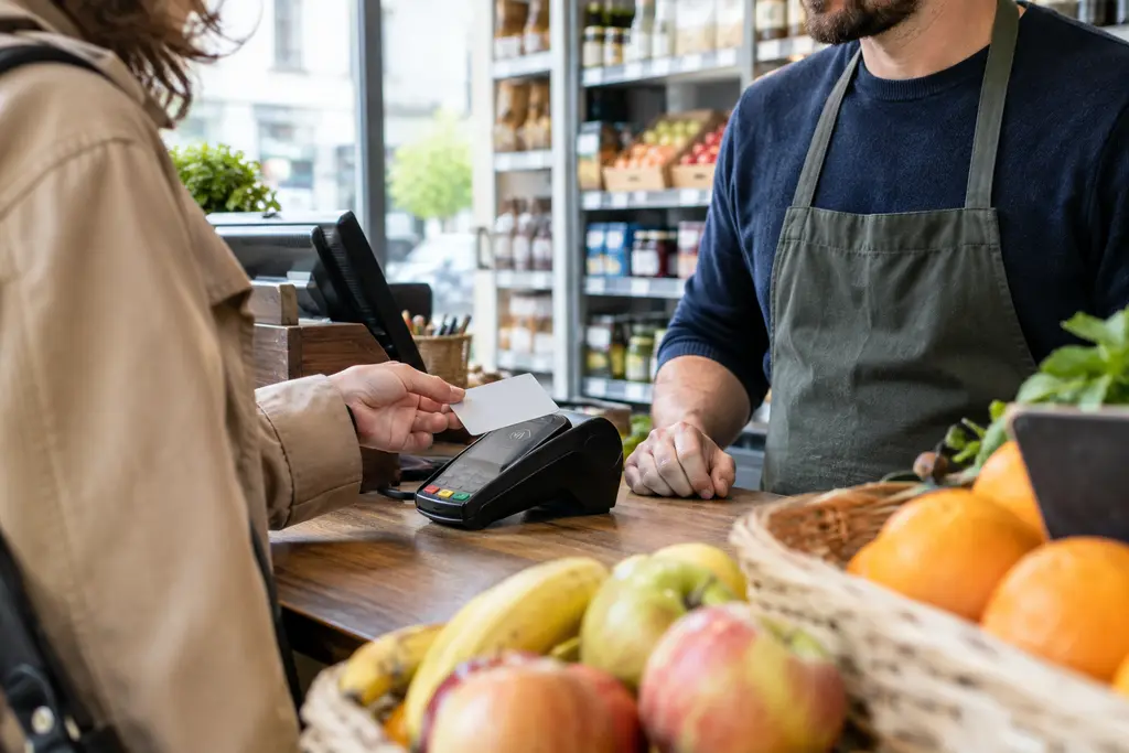 Une cliente présente une carte neutre près du terminal d’une épicerie de quartier.