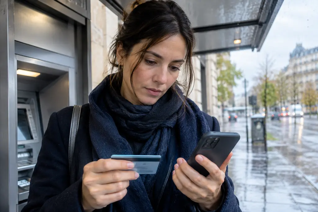 Une femme vérifie sa carte et son téléphone sous une marquise après un retrait.