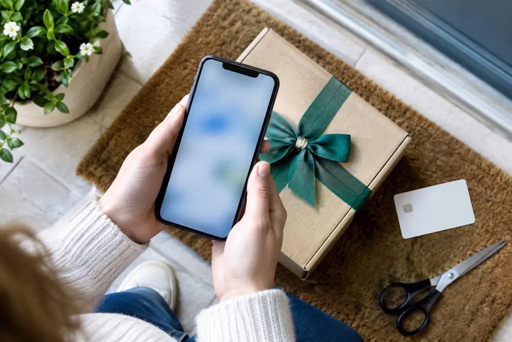 Un téléphone à l’écran flou et une carte neutre près d’un colis emballé.