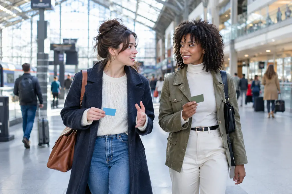 Deux amies marchent dans une gare, chacune tenant discrètement une carte sans logo.