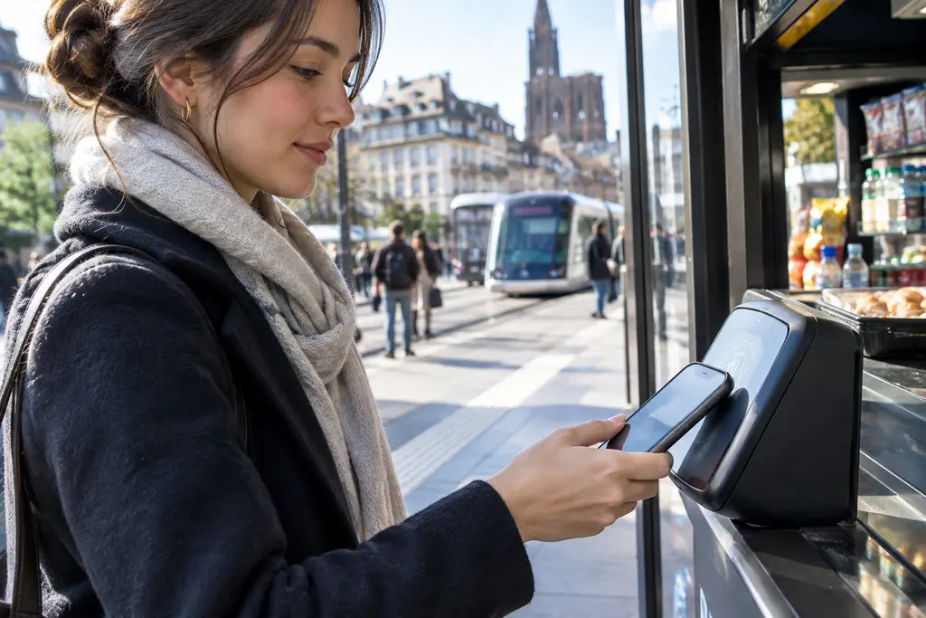 Une jeune femme paie avec son téléphone devant un kiosque près d’un tramway.