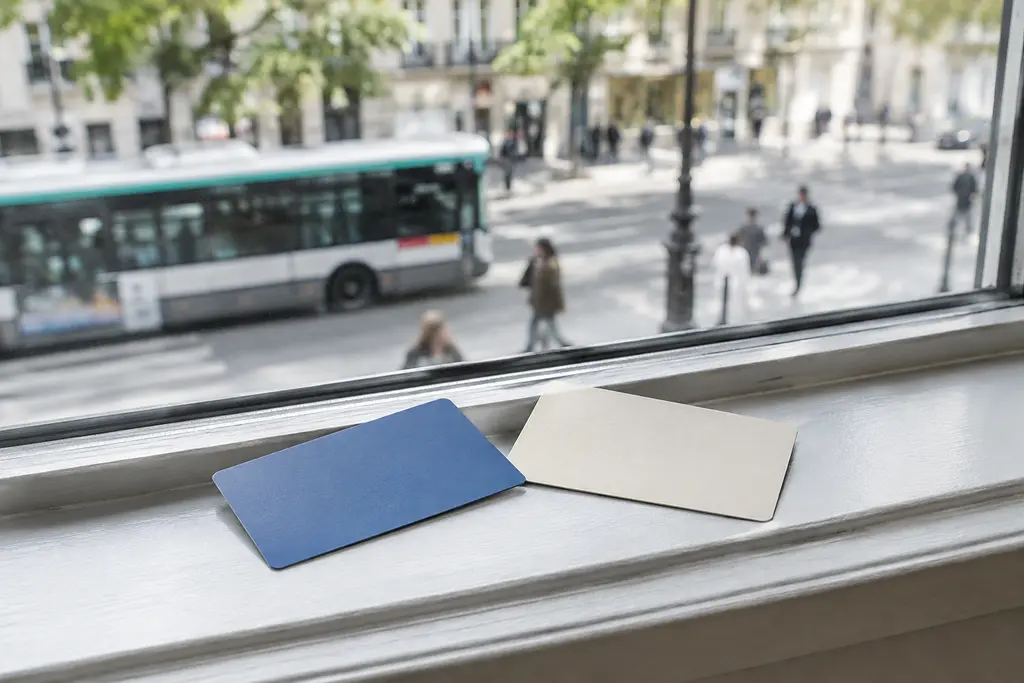 Deux cartes bancaires unies reposent devant une fenêtre ouverte sur une rue parisienne.
