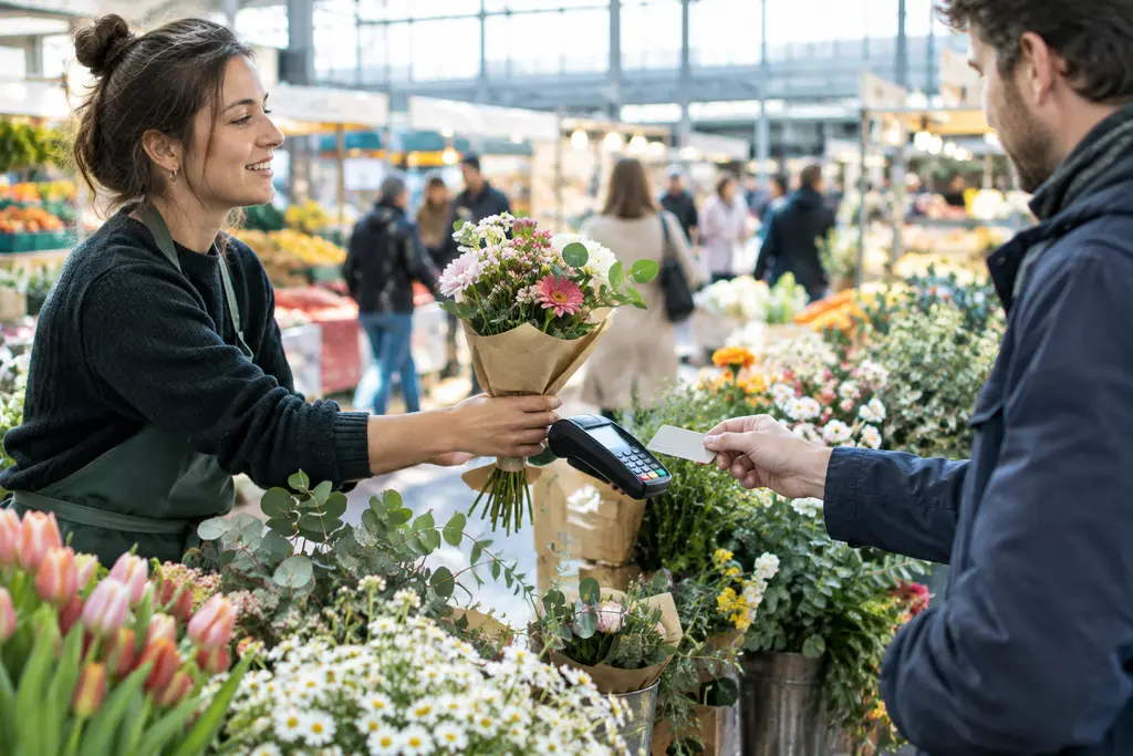 Un client règle un bouquet par carte auprès d’une vendeuse dans un marché couvert.
