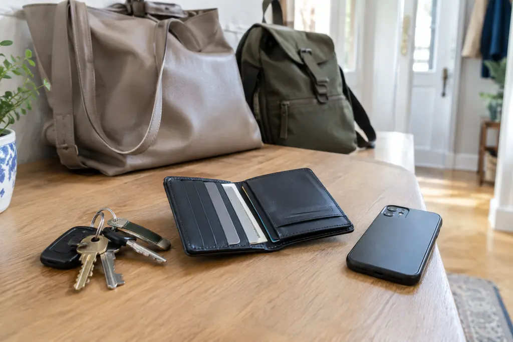 Un portefeuille, deux sacs et un trousseau de clés sur un meuble d’entrée.