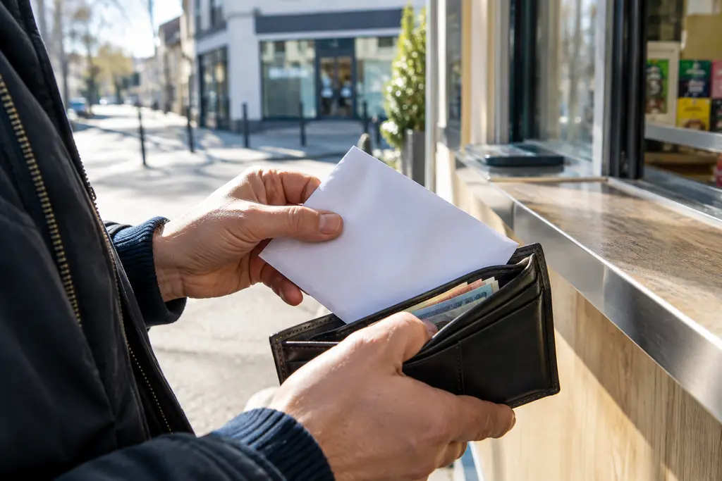 Des mains rangent des billets et une enveloppe vierge près d’un comptoir de quartier.