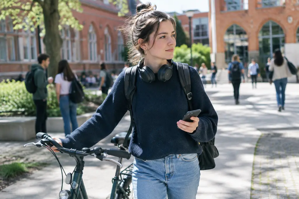 Une étudiante pousse son vélo dans une cour universitaire toulousaine en tenant son téléphone.