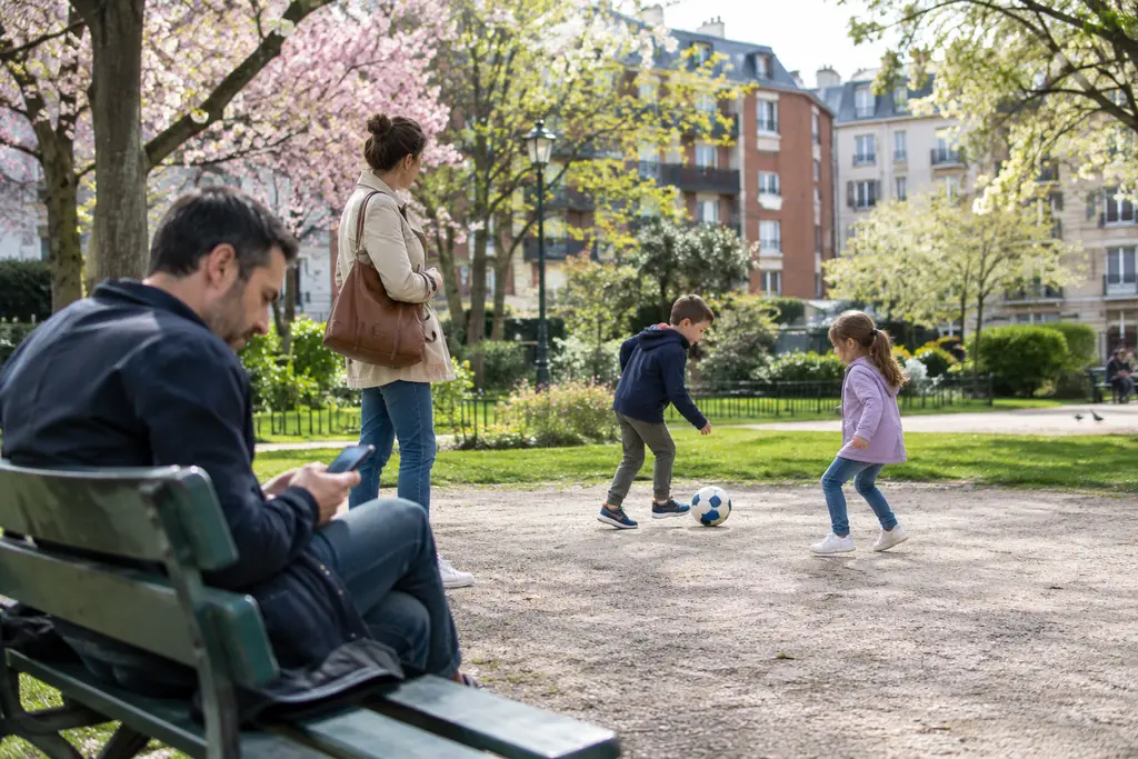 Deux parents surveillent leurs enfants au square, un téléphone en main.