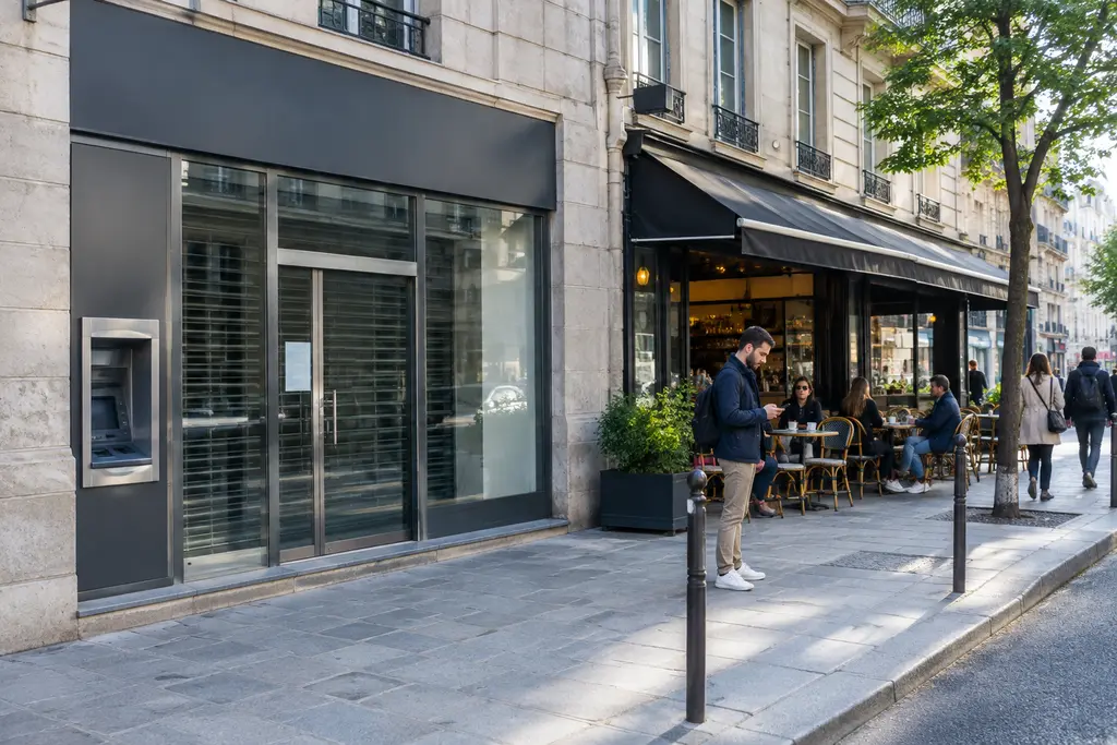 Une rue de ville française avec une agence anonyme et un passant consultant son téléphone.