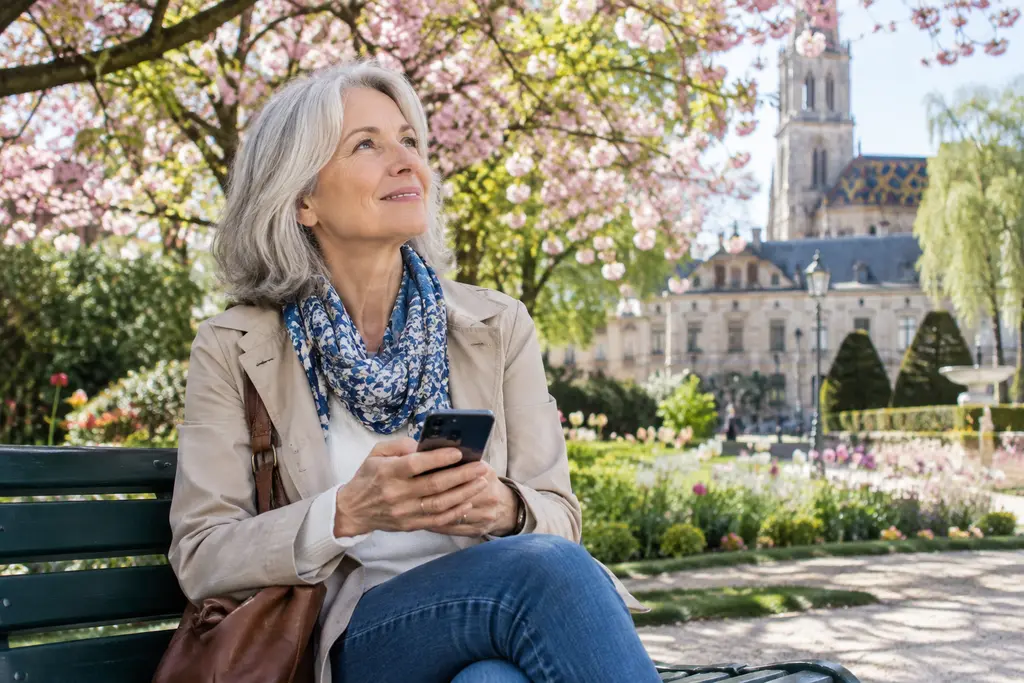 Une femme retraitée consulte son téléphone sur un banc dans un jardin dijonnais.