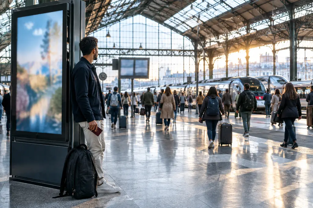 Un voyageur attend dans une grande gare française, sac à dos et passeport fermé.
