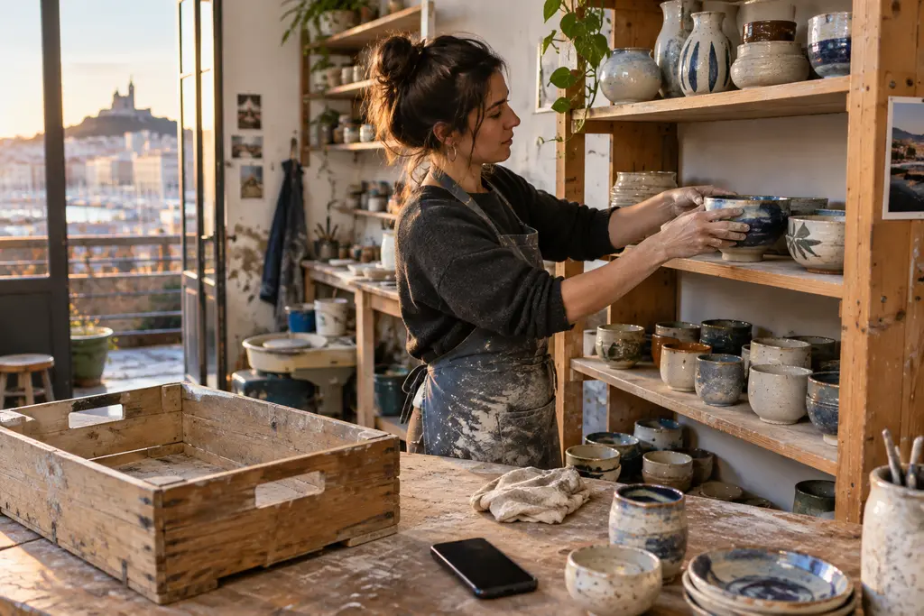 Une artisane marseillaise range ses pièces dans son atelier après une journée de travail.