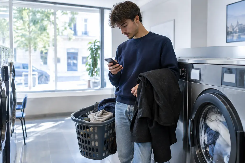 Un jeune homme consulte son téléphone dans une laverie lumineuse de quartier.
