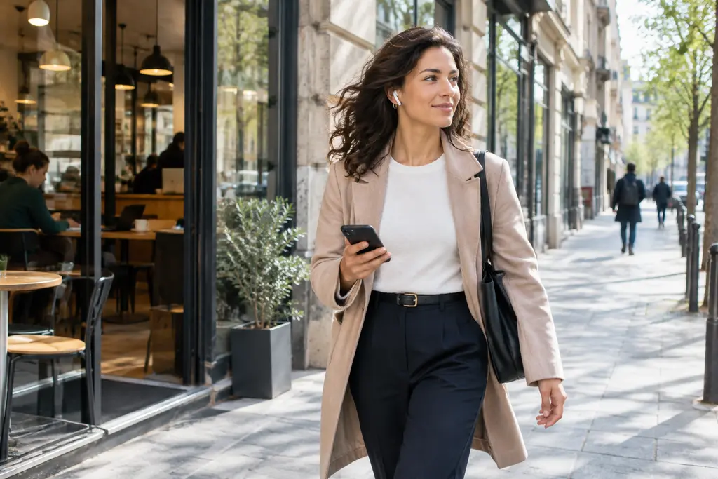 Une jeune entrepreneuse marche dans une rue mêlant façades anciennes et commerces récents.