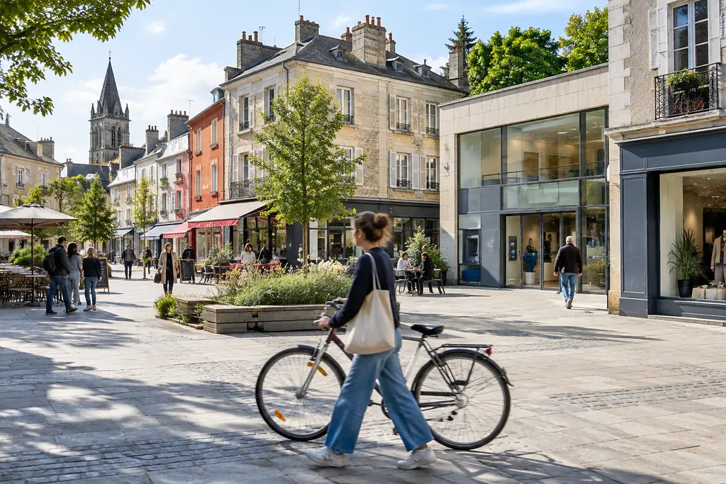 Une place de ville française animée de passants, devant des commerces et une agence anonyme.