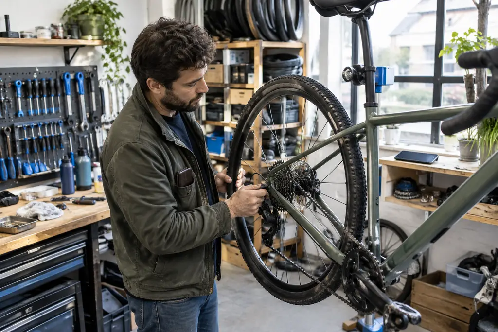Un réparateur indépendant travaille sur un vélo dans son atelier lumineux.