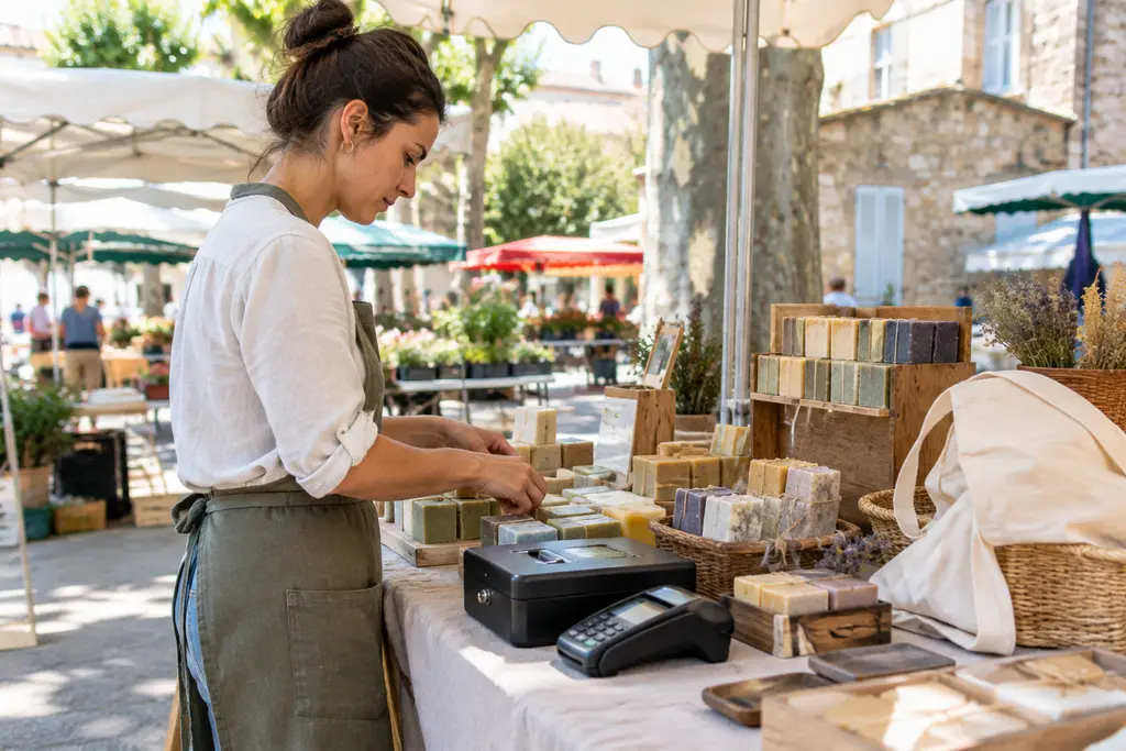 Une entrepreneuse prépare un stand artisanal avec une caisse et un terminal de paiement.