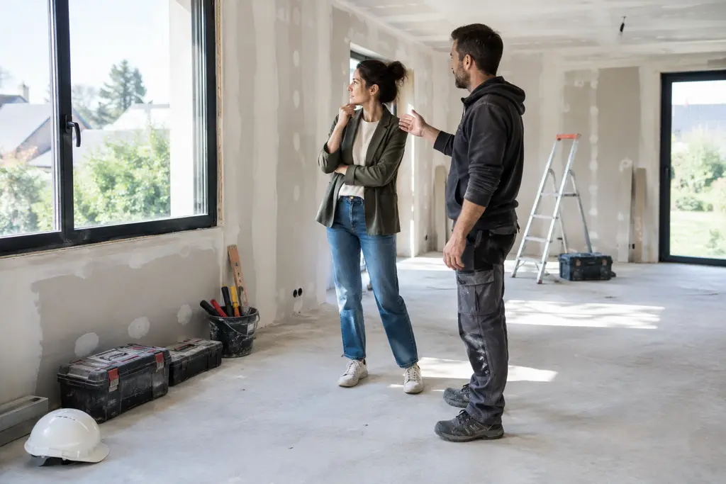 Une indépendante échange avec un artisan dans une maison en rénovation.