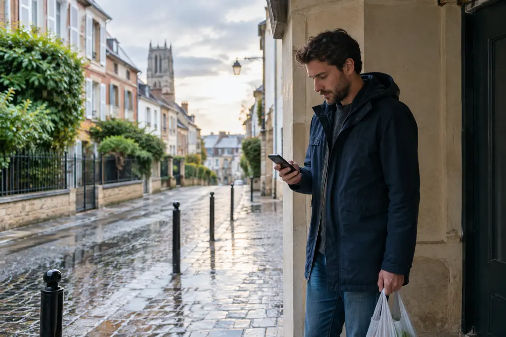 Un homme s’abrite sous un porche rouennais et consulte discrètement son téléphone.