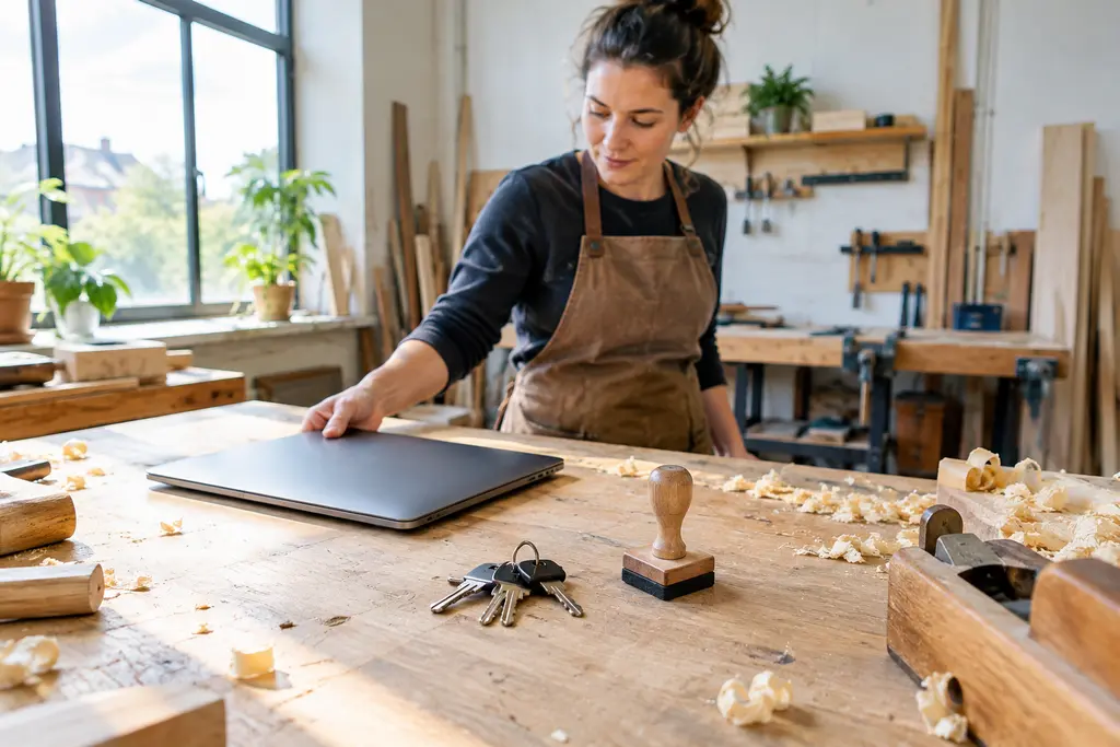 Un établi de menuiserie avec des clés et un ordinateur fermé dans un atelier professionnel.