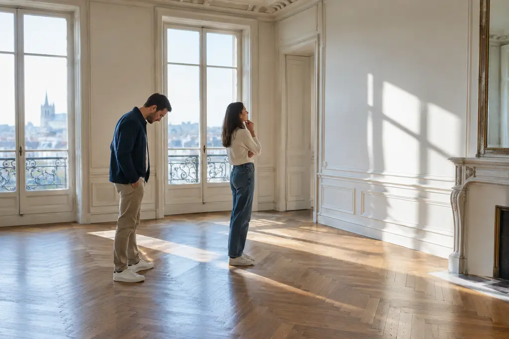 Un couple découvre un appartement vide aux hautes fenêtres à Nantes.