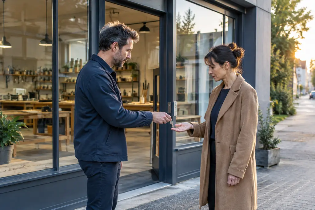 Deux associés échangent une clé devant la vitrine de leur atelier fermé.