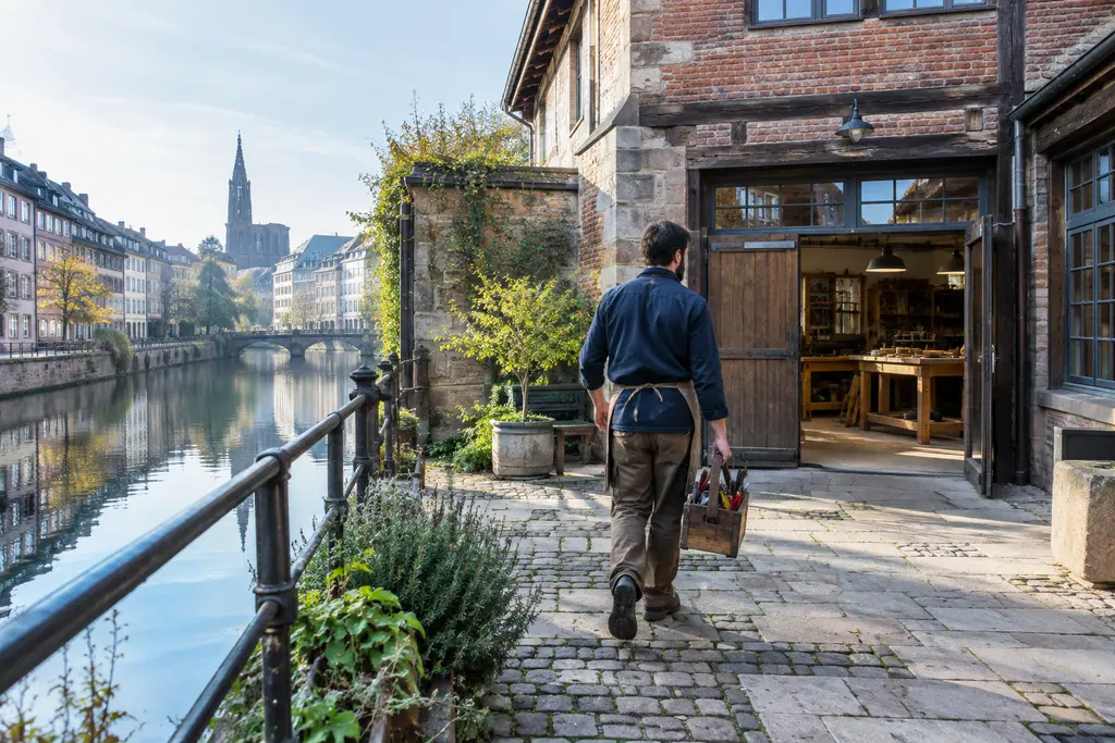 Un artisan transporte sa caisse à outils dans une cour rénovée près d’un canal.