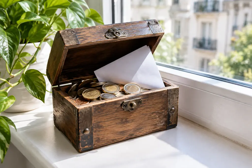 Un petit coffre entrouvert, quelques pièces et une feuille vierge sur un rebord de fenêtre.