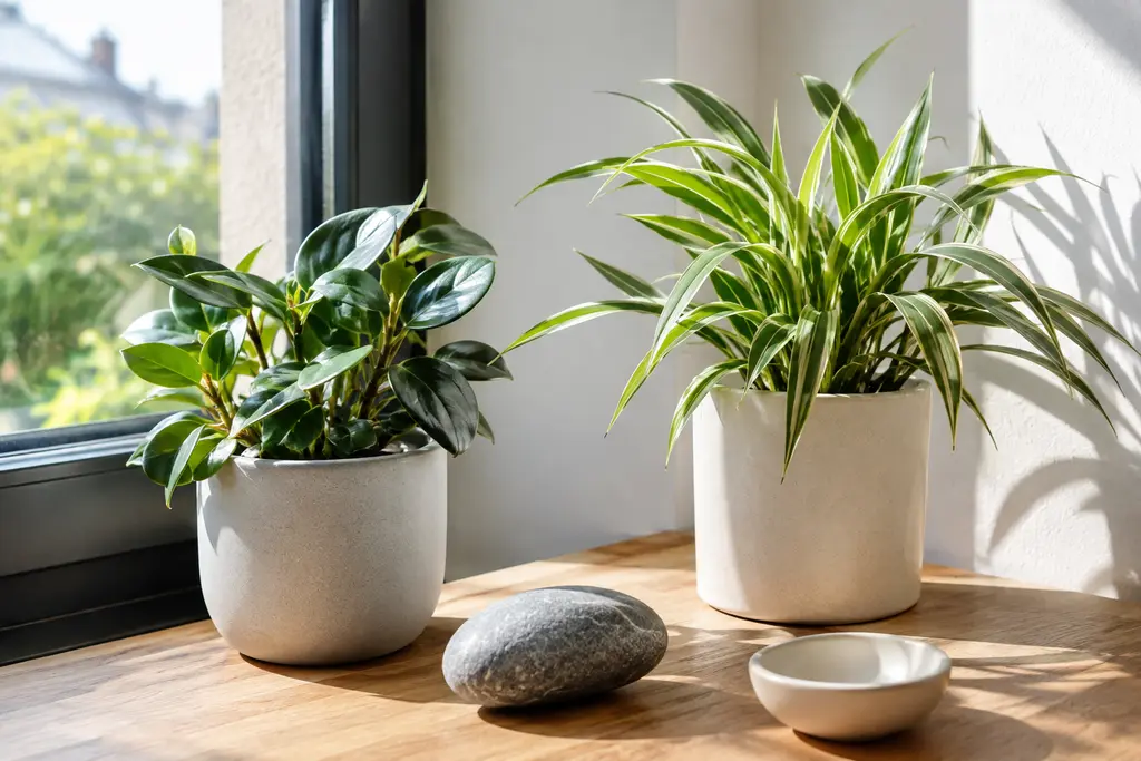Deux plantes de tailles différentes près d’une fenêtre, accompagnées d’un galet et d’une pièce.
