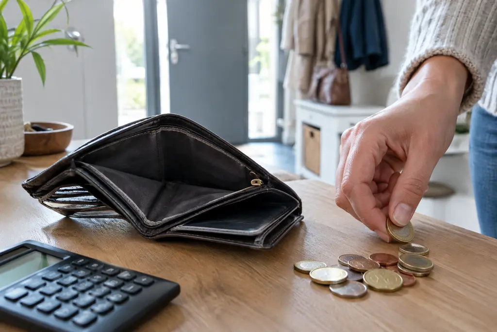 Un portefeuille ouvert, quelques pièces et une calculatrice éteinte dans une entrée.