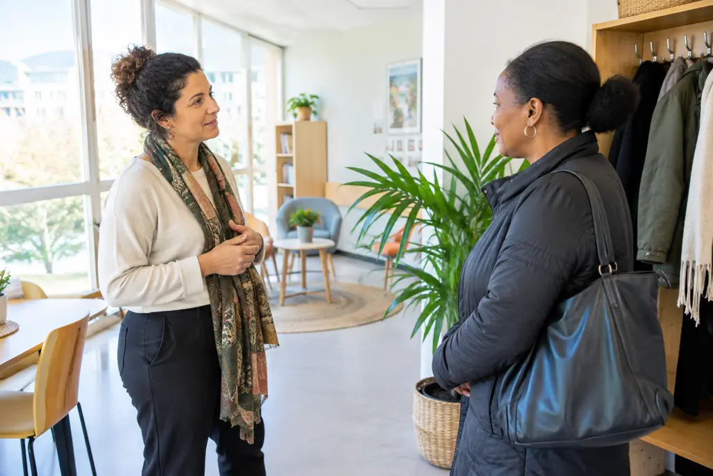Une médiatrice accueille une femme dans un espace associatif clair et chaleureux.