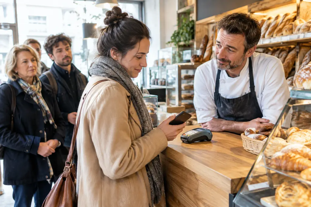 Une cliente vérifie son téléphone près d’un terminal dans une boulangerie de quartier.
