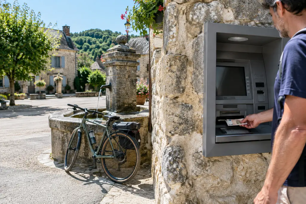 Un homme utilise un distributeur anonyme intégré à un mur de pierre de village.