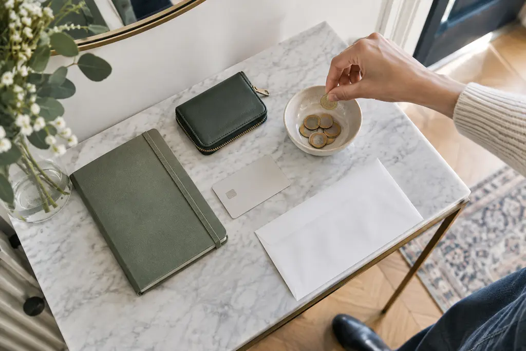 Une carte neutre, un porte-monnaie et quelques pièces sur une console d’entrée.