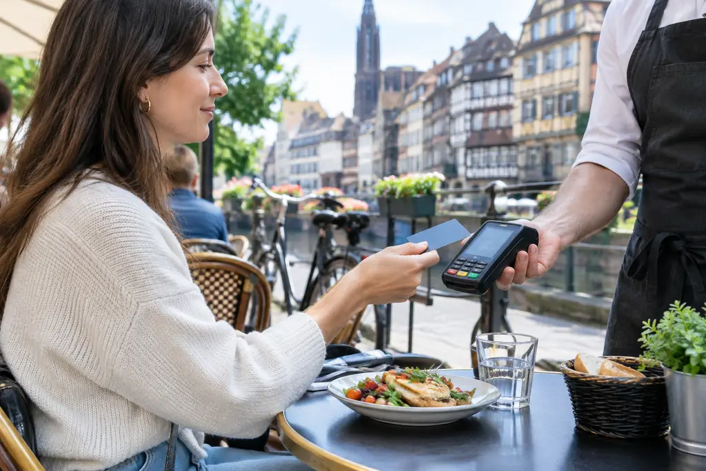 Une cliente règle son déjeuner par carte à la terrasse d’un café strasbourgeois.