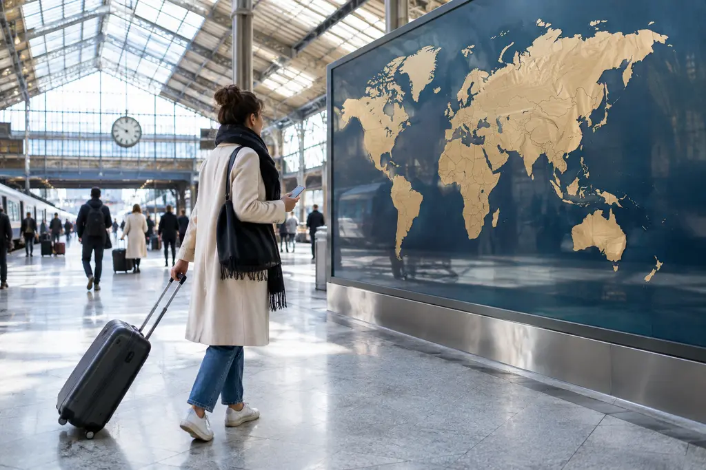 Une voyageuse consulte discrètement son téléphone dans un hall de gare lumineux.