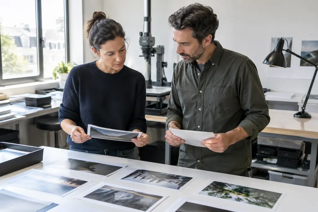 Deux membres de la rédaction examinent des tirages retournés près d’un appareil photo.
