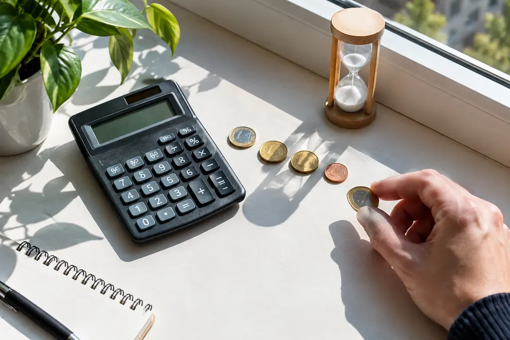 Une main approche une pièce d’une calculatrice éteinte, près d’un petit sablier.