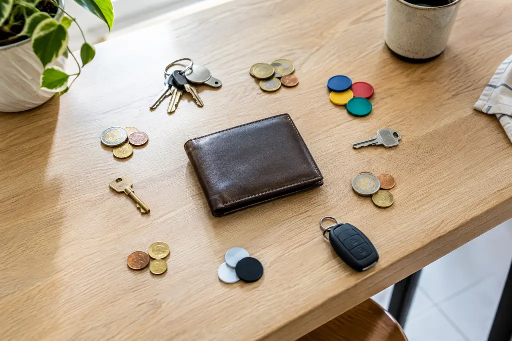 Un portefeuille fermé entouré de petits objets et de pièces disposés sur une table claire.