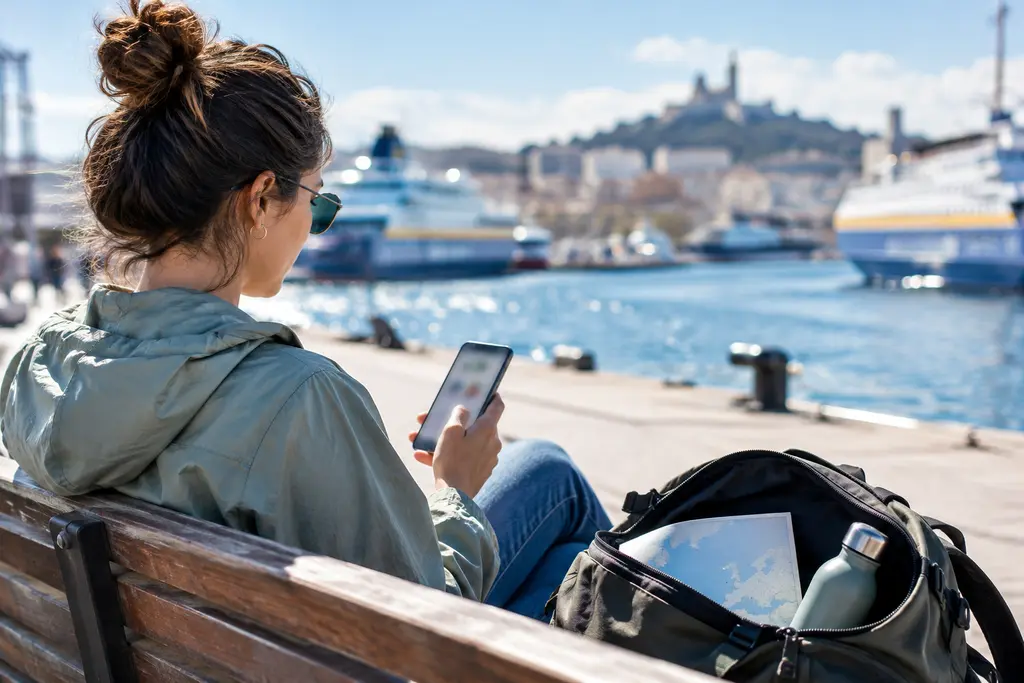 Une voyageuse consulte son téléphone près du port de Marseille, un sac ouvert à ses côtés.