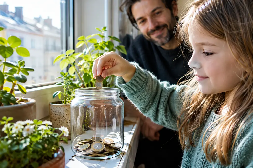 Une enfant dépose une pièce dans un bocal près de jeunes plantes ensoleillées.