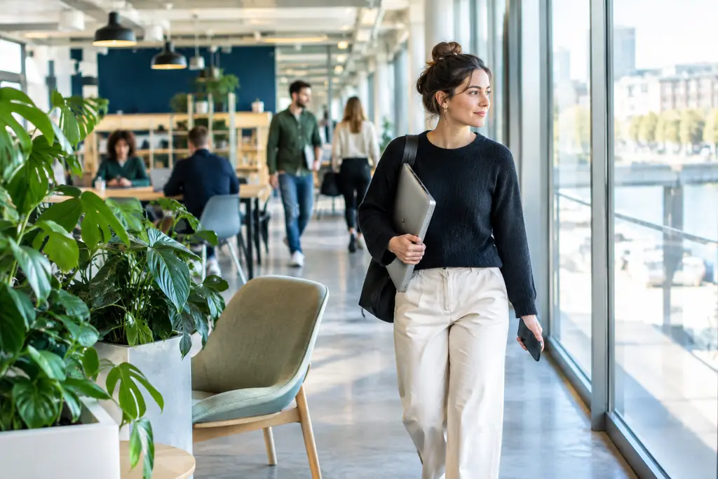 Une jeune femme traverse un espace de coworking lumineux, ordinateur fermé sous le bras.