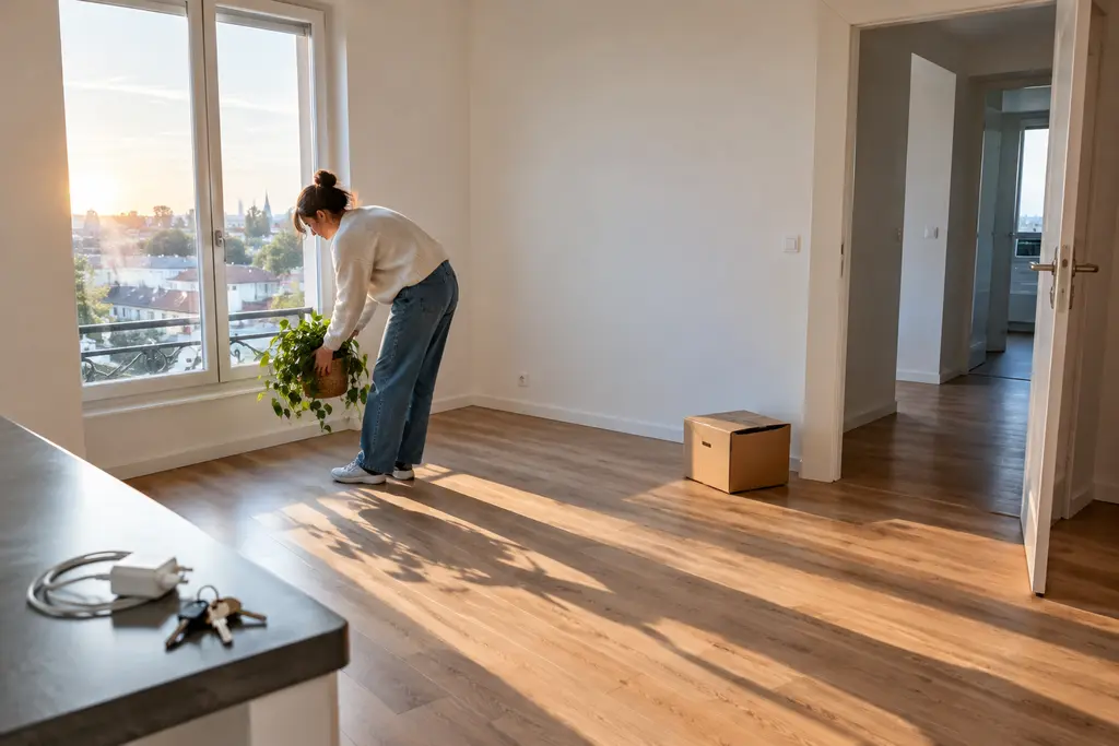 Une personne emporte une plante dans un appartement presque vide avant son déménagement.