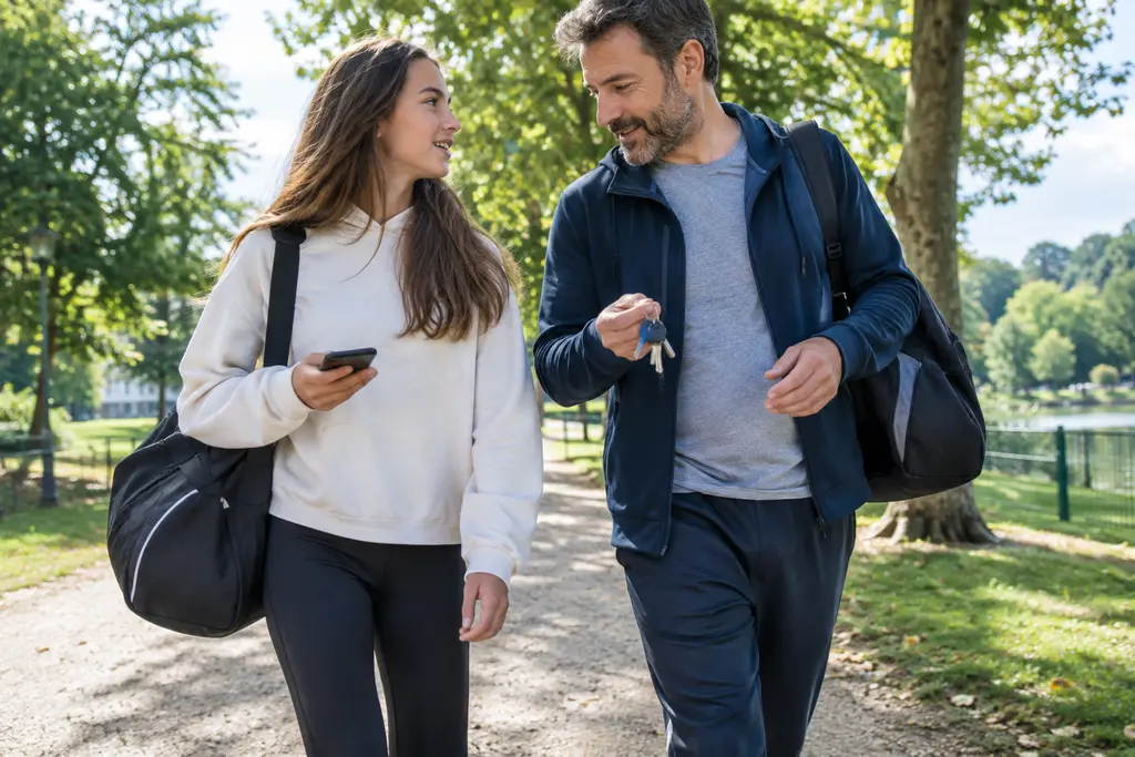 Une adolescente marche avec son père dans un parc, sacs de sport à l’épaule.