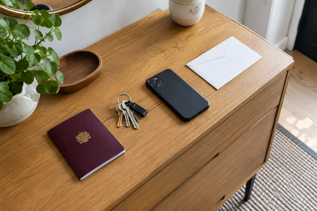 Un passeport fermé, des clés, une enveloppe vierge et un téléphone retourné sur une commode.