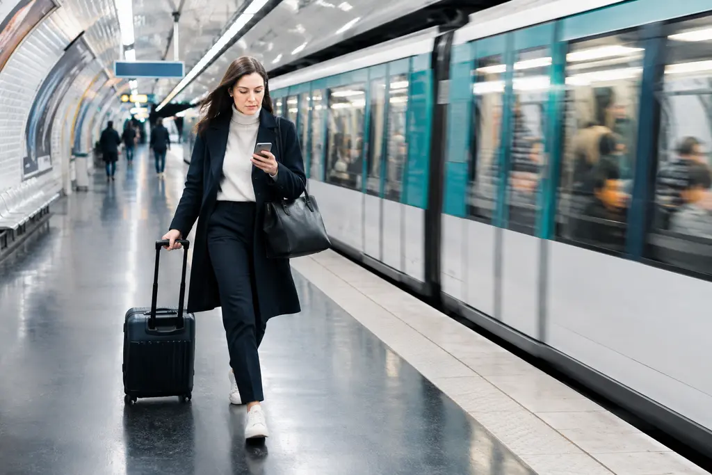 Une femme marche sur un quai de métro avec une valise cabine et son téléphone.