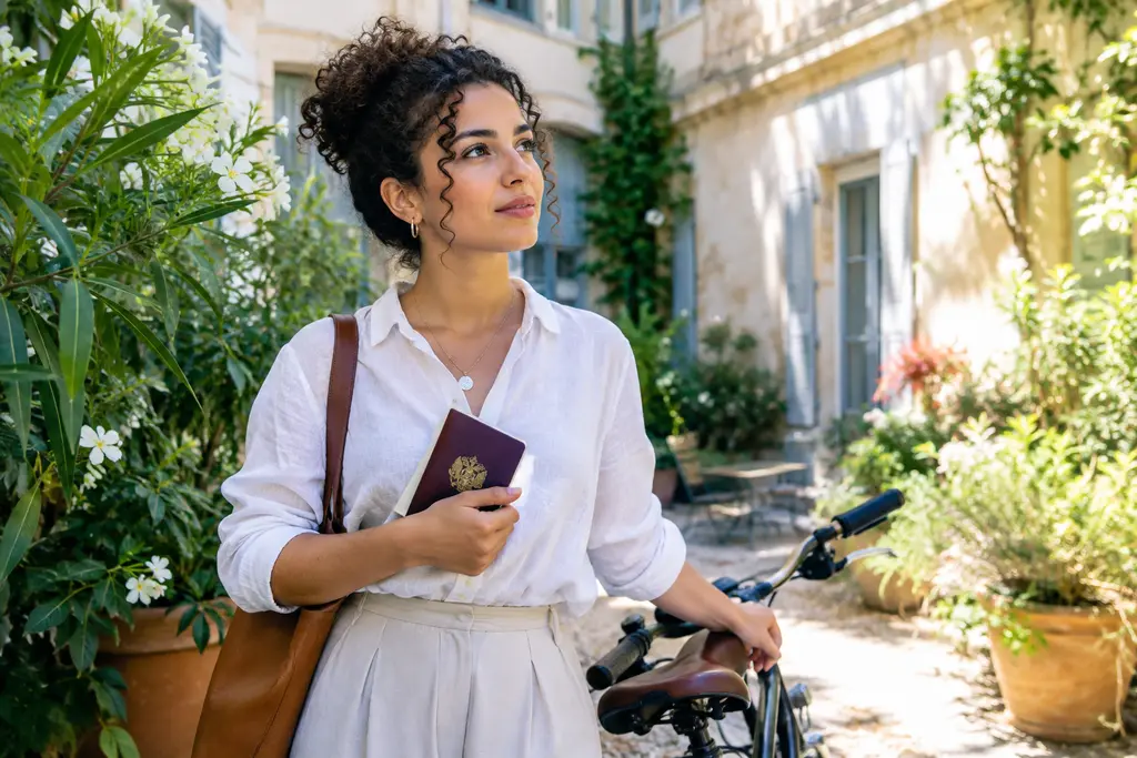 Une jeune femme tient un passeport fermé dans une cour ensoleillée de Montpellier.