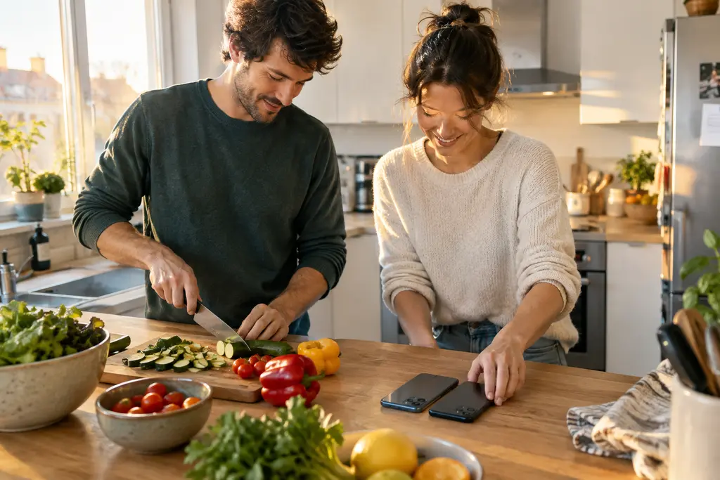 Un couple prépare le dîner dans une cuisine, deux téléphones retournés côte à côte.